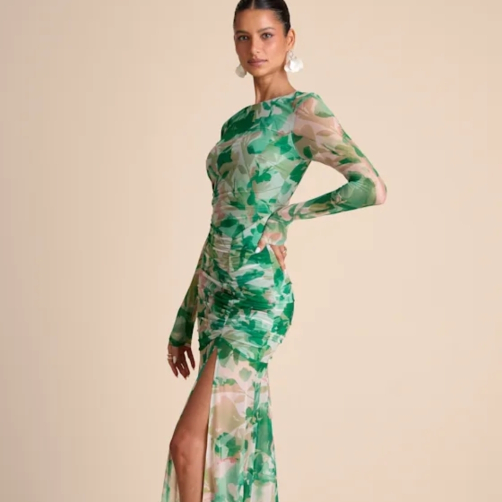 Lulu's Chic Green Geometric Long Sleeve Dress - Picture 3 of 5